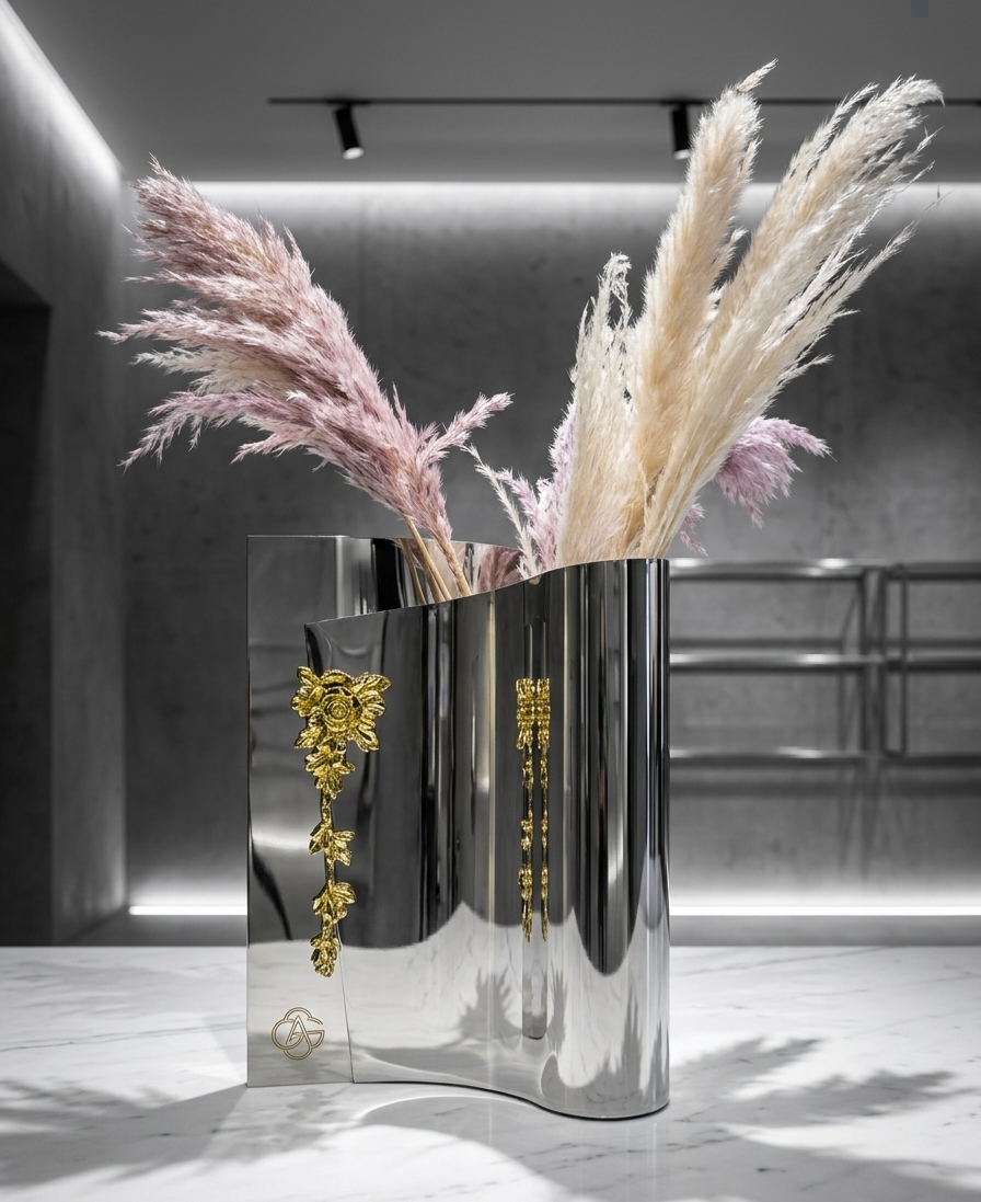 reflective-silver-metal-vase-gold-details reflective-silver-metal-vase-gold-details