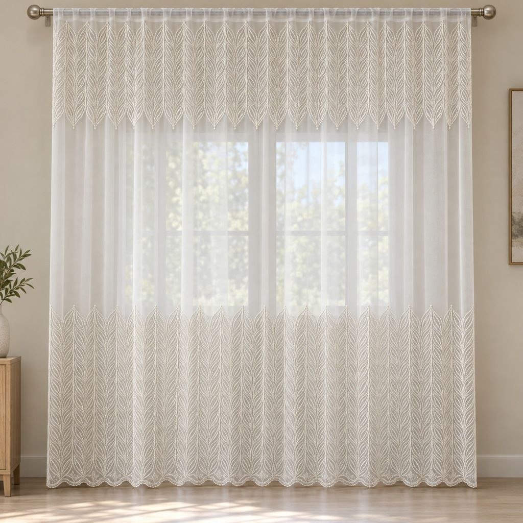 geometric-leaf-crochet-sheer-curtains ستائر تول فاخرة بتطريز هندسي متدرج وحافة كروشيه كلاسيكية - الصورة 1