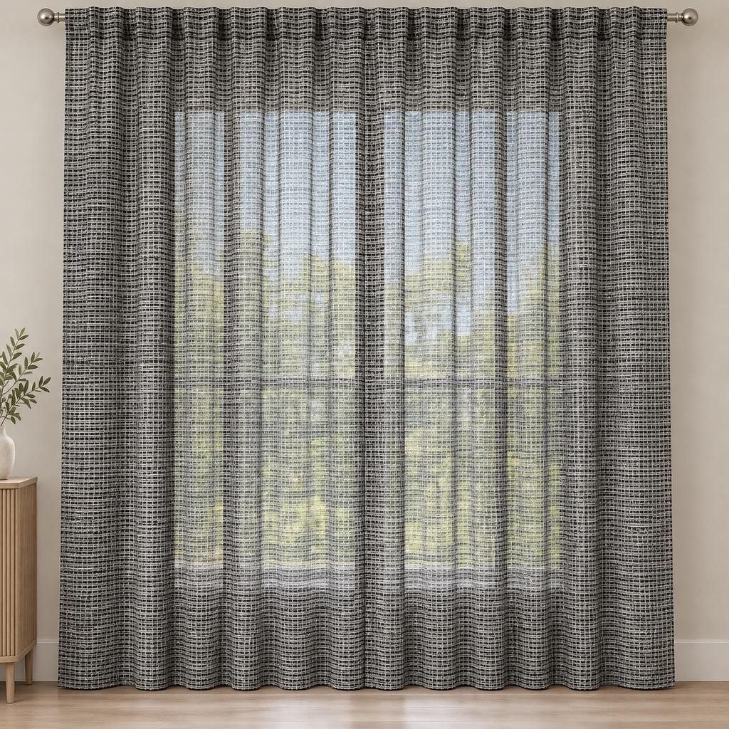 textured-grid-linen-sheer-curtains ستائر تول بنسج كتاني شبكي مودرن بأسلوب التويد الأنيق - الصورة 1